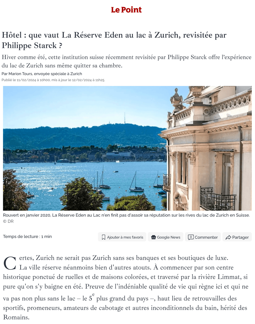 Hôtel : que vaut La Réserve Eden au lac à Zurich, revisitée par Philippe Starck ?