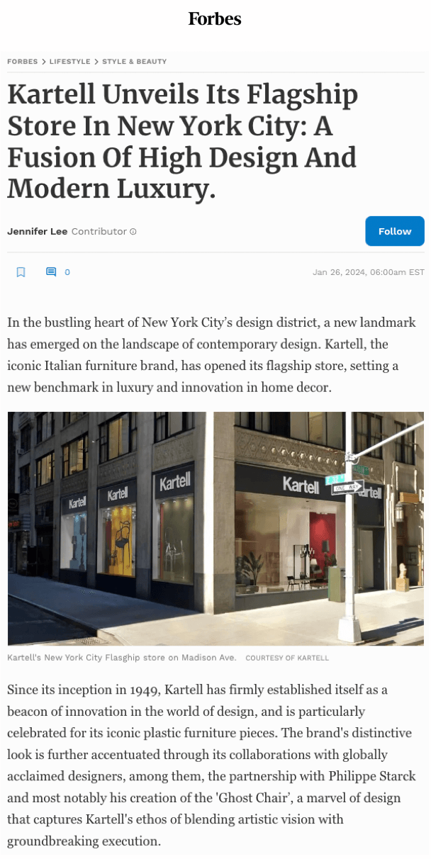 Kartell dévoile son magasin phare à New York : une fusion entre design de haut niveau et luxe moderne