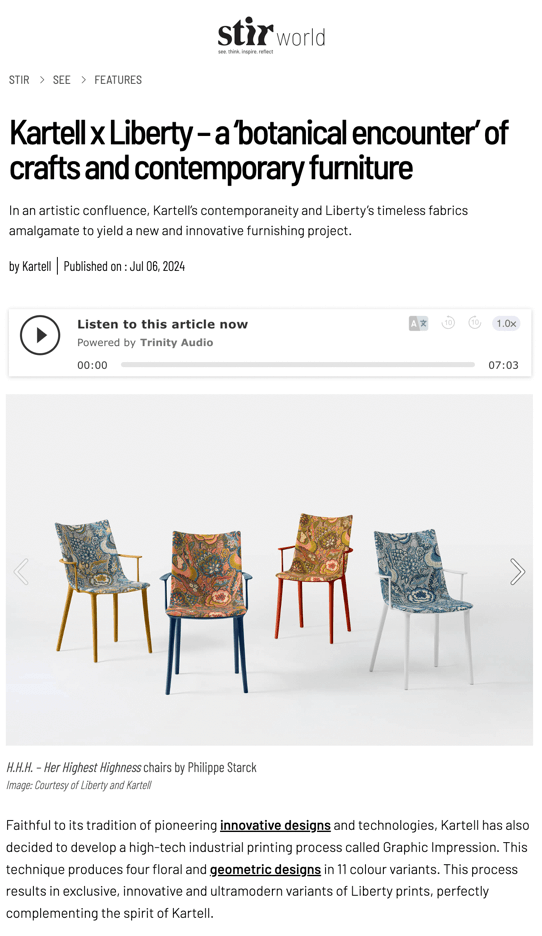 Kartell x Liberty - une « rencontre botanique » entre artisanat et mobilier contemporain