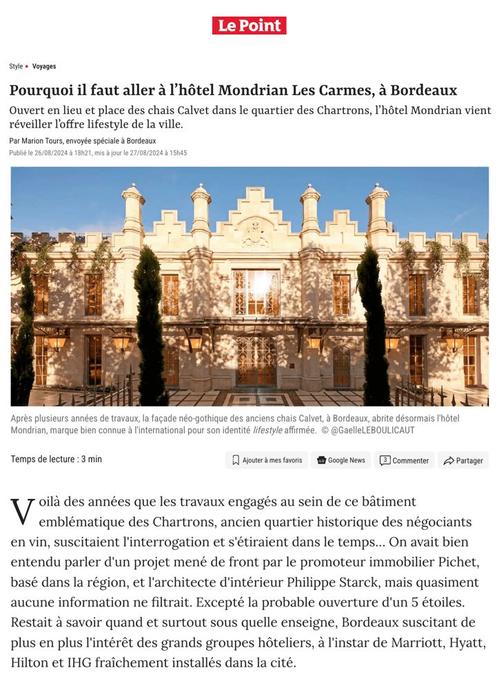Pourquoi il faut aller à l’hôtel Mondrian Les Carmes, à Bordeaux
