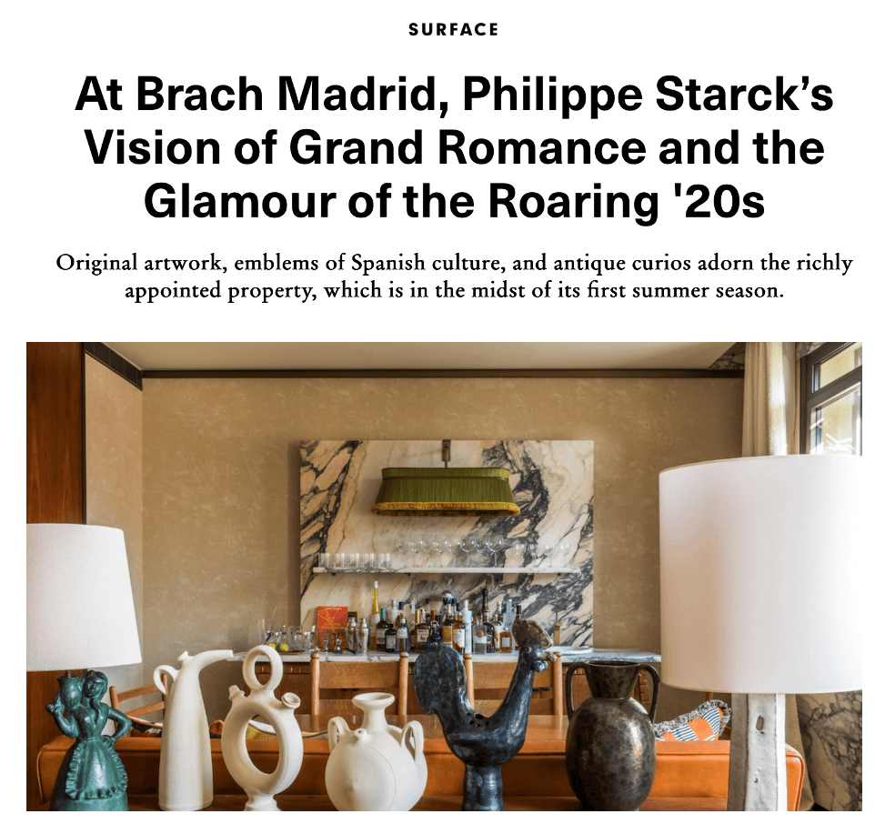 Chez Brach Madrid, la vision de Philippe Starck est celle du grand romantisme et du glamour des années folles.