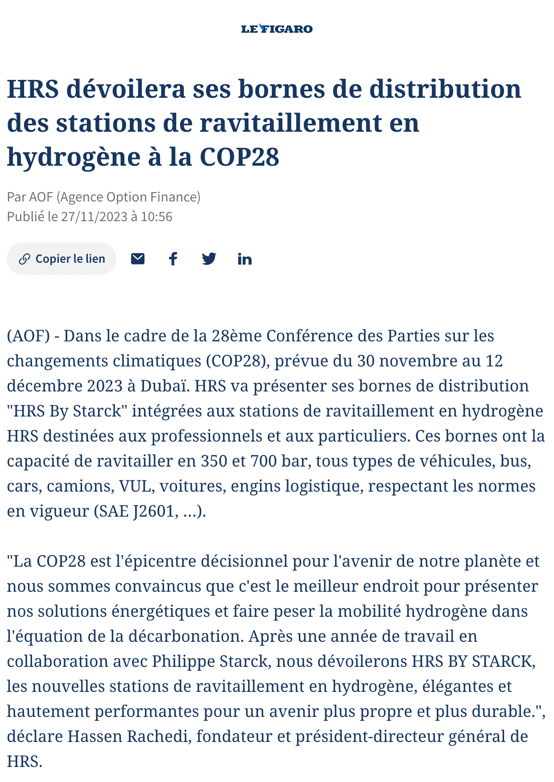HRS dévoilera ses bornes de distribution pour les stations de ravitaillement en hydrogène lors de la COP28