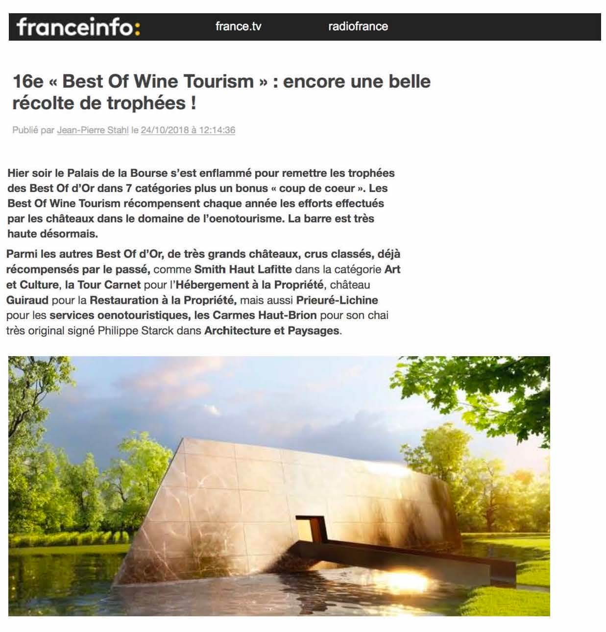LE CHAI LES CARMES HAUT-BRION REÇOIT UN BEST OF GOLD PAR L’ORGANISME BEST OF WINE TOURISM