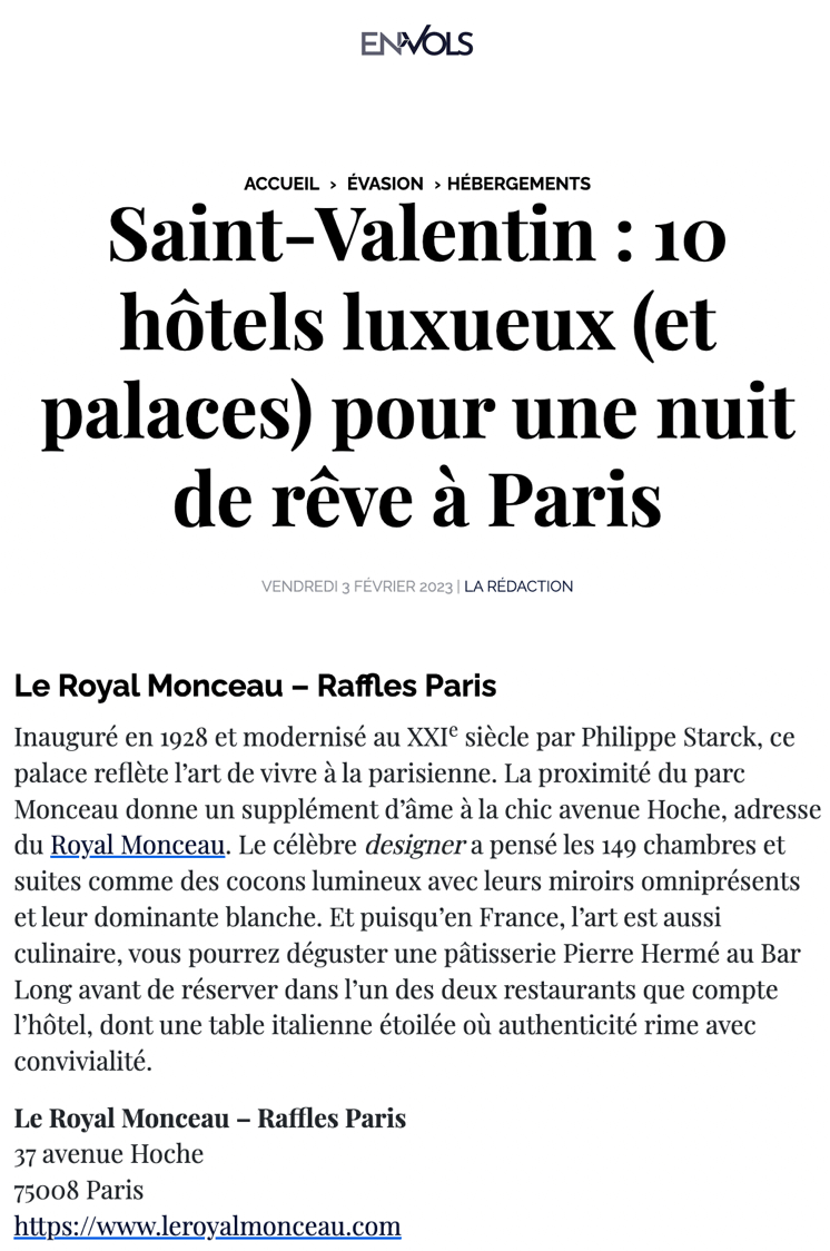 Saint-Valentin : 10 hôtels luxueux (et palaces) pour une nuit de rêve à Paris