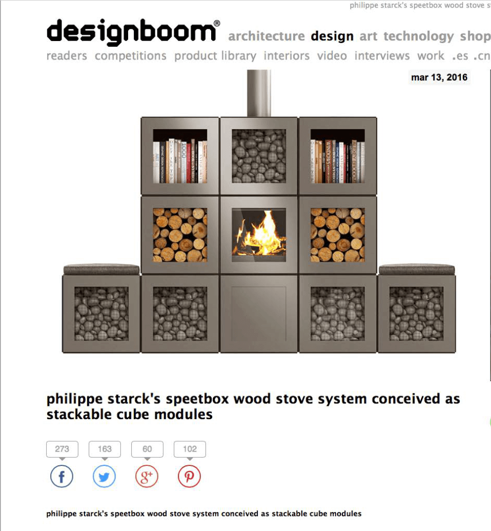 Speetbox : la solution de poêles à bois conçu sous forme de modules cubiques empilables par Philippe Starck