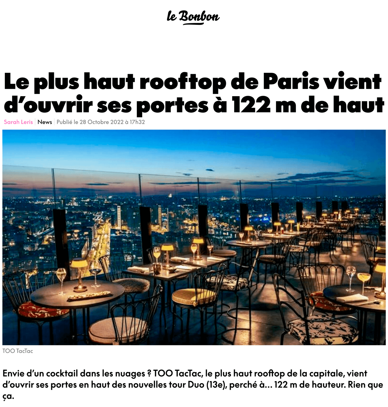 Le plus haut rooftop de Paris vient d’ouvrir ses portes à 122 m de haut