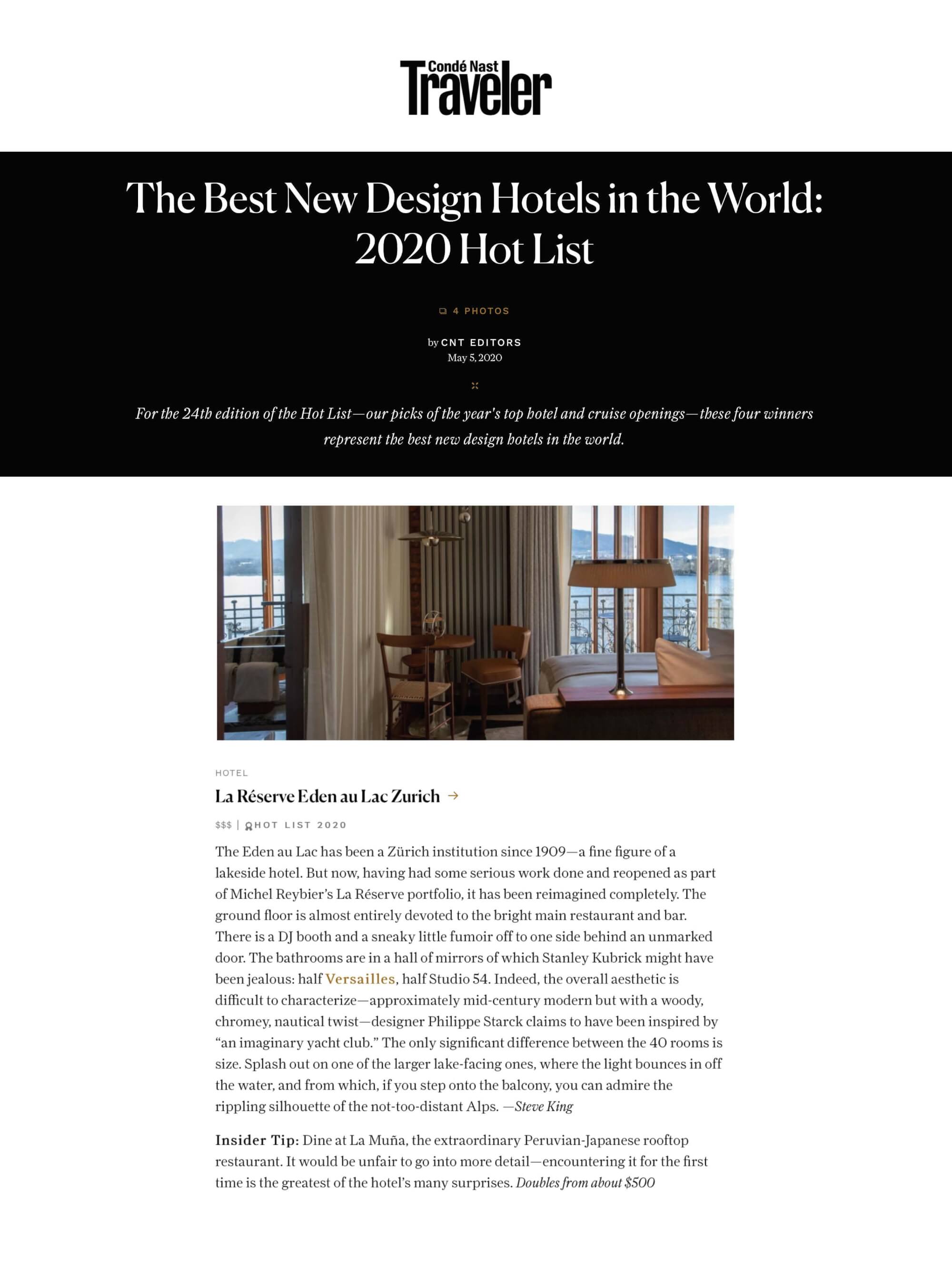 CONDÉ NAST TRAVELER - La Réserve Eden au Lac Zurich