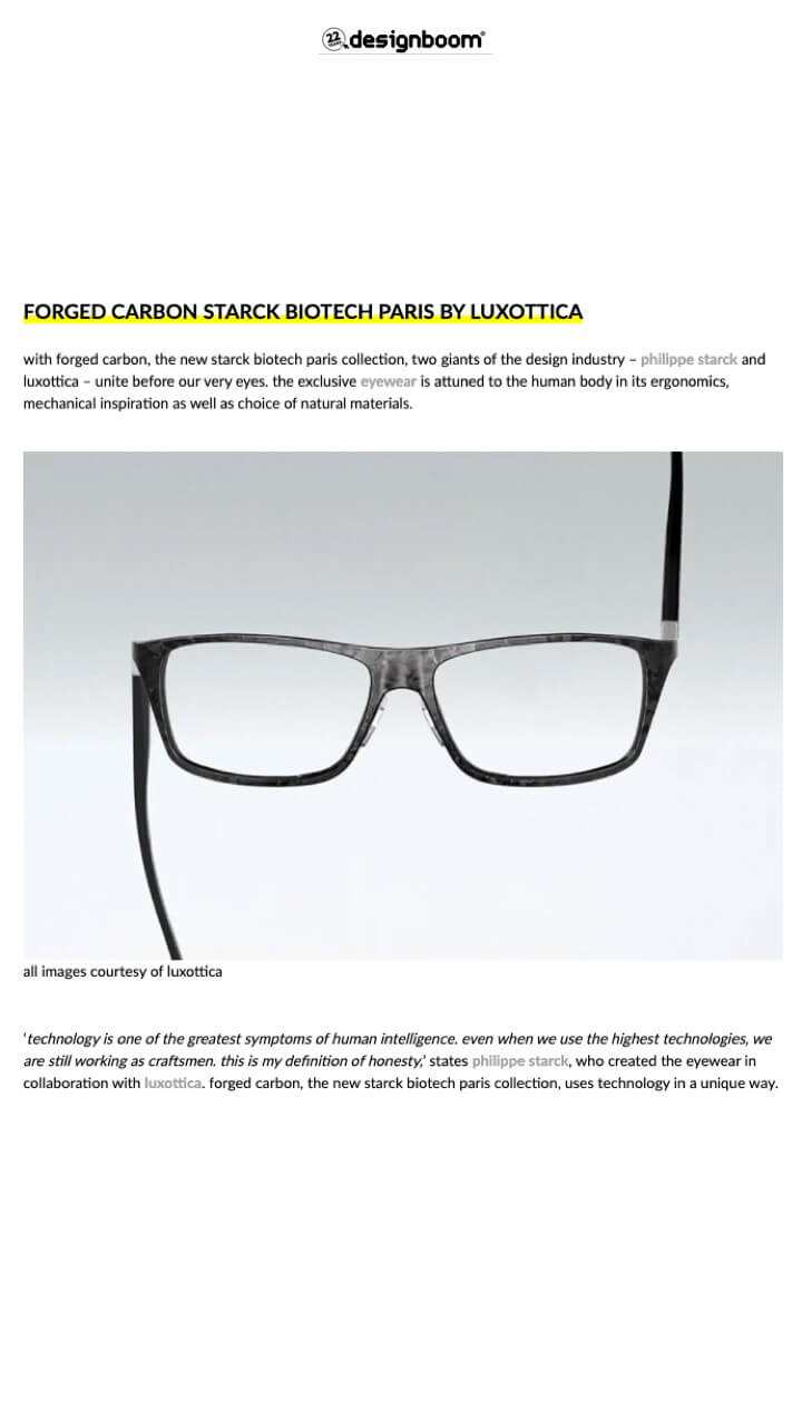 Philippe starck conçoit des lunettes en carbone forgé biosourcé avec Luxottica