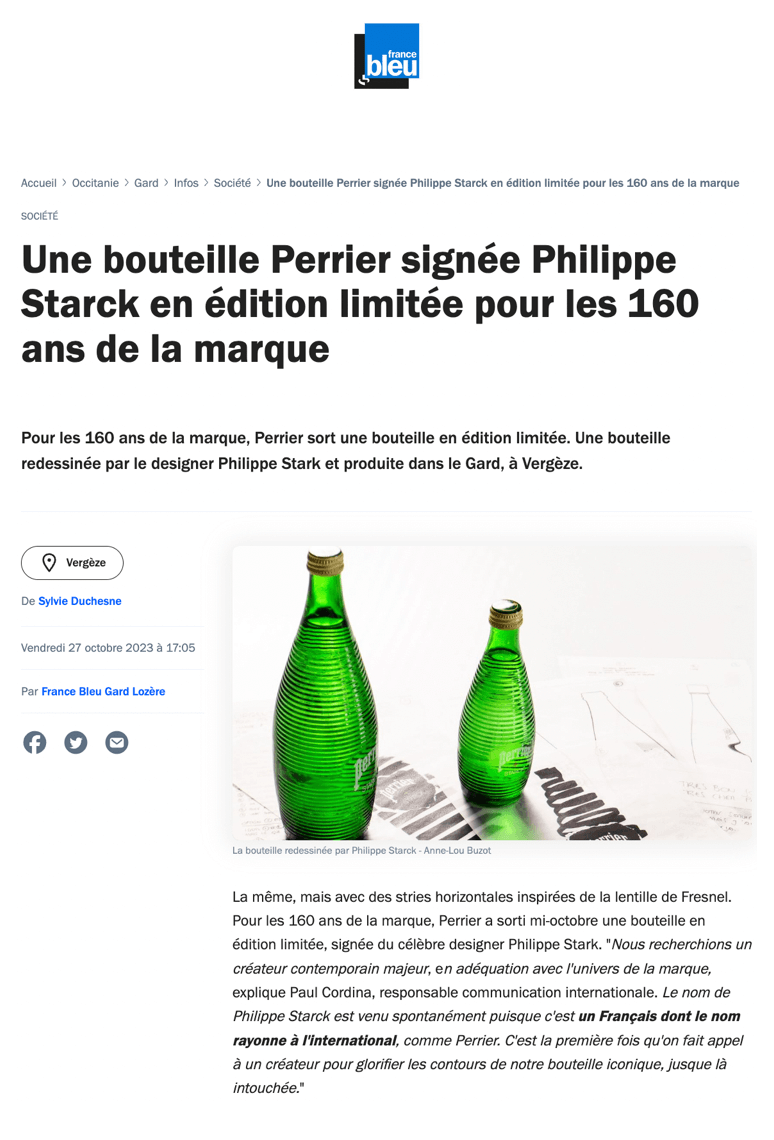 Une bouteille Perrier signée Philippe Starck en édition limitée pour les 160 ans de la marque