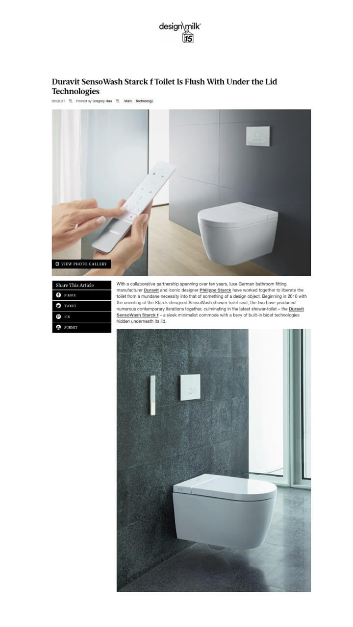 Duravit SensoWash Starck f Toilette est à fleur de peau avec les technologies sous le couvercle