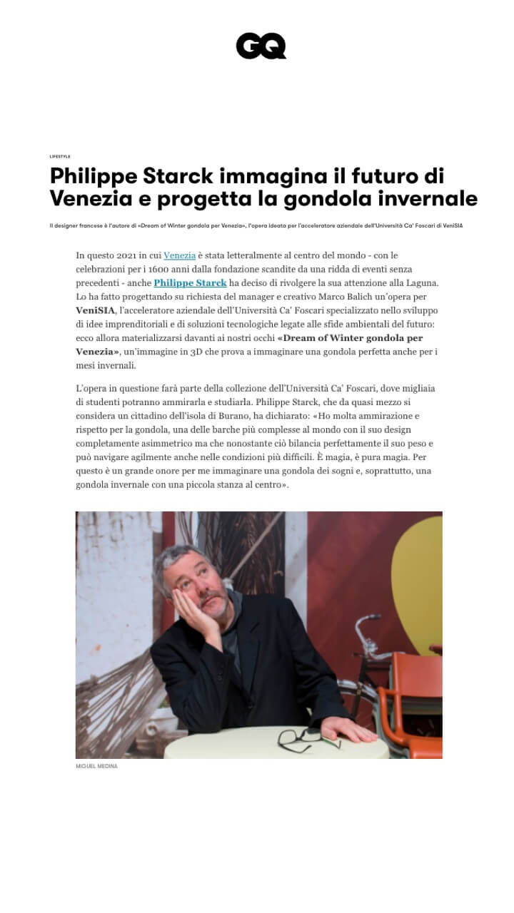Philippe Starck imagine le futur de Venise et dessine la gondole d'hiver