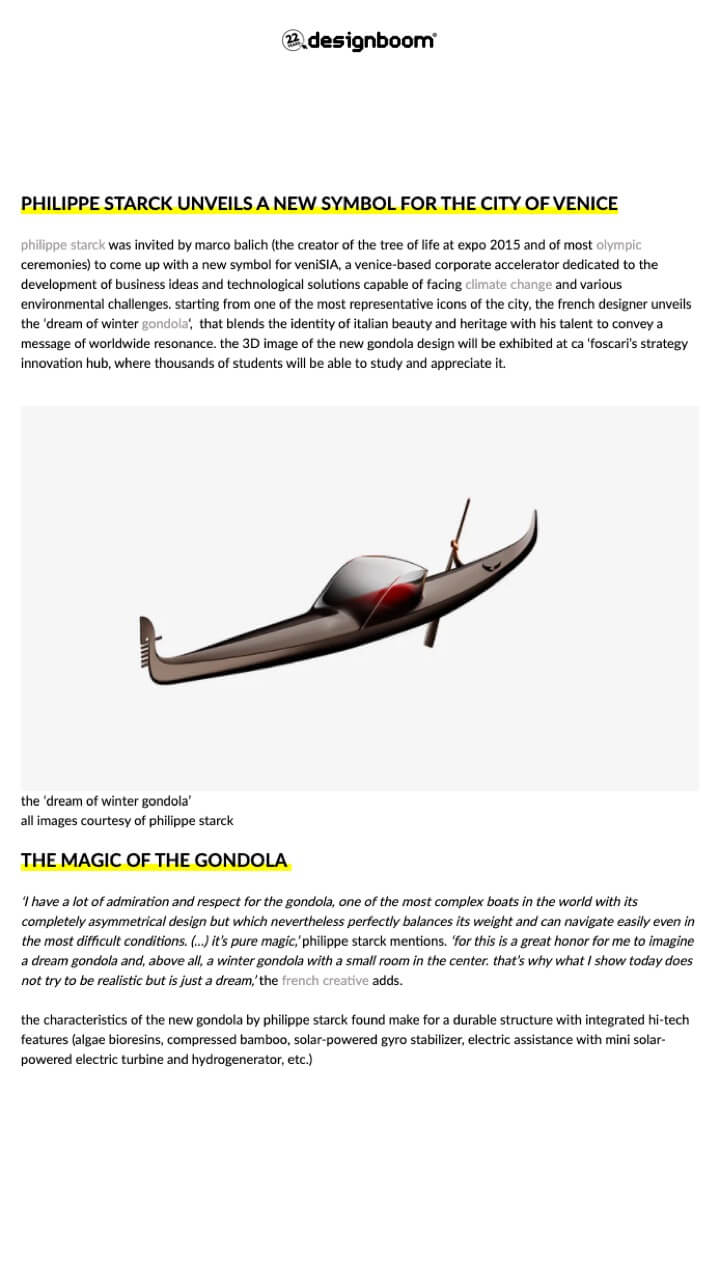 La gondole d'hiver conçue par philippe starck sera le nouveau symbole de venise