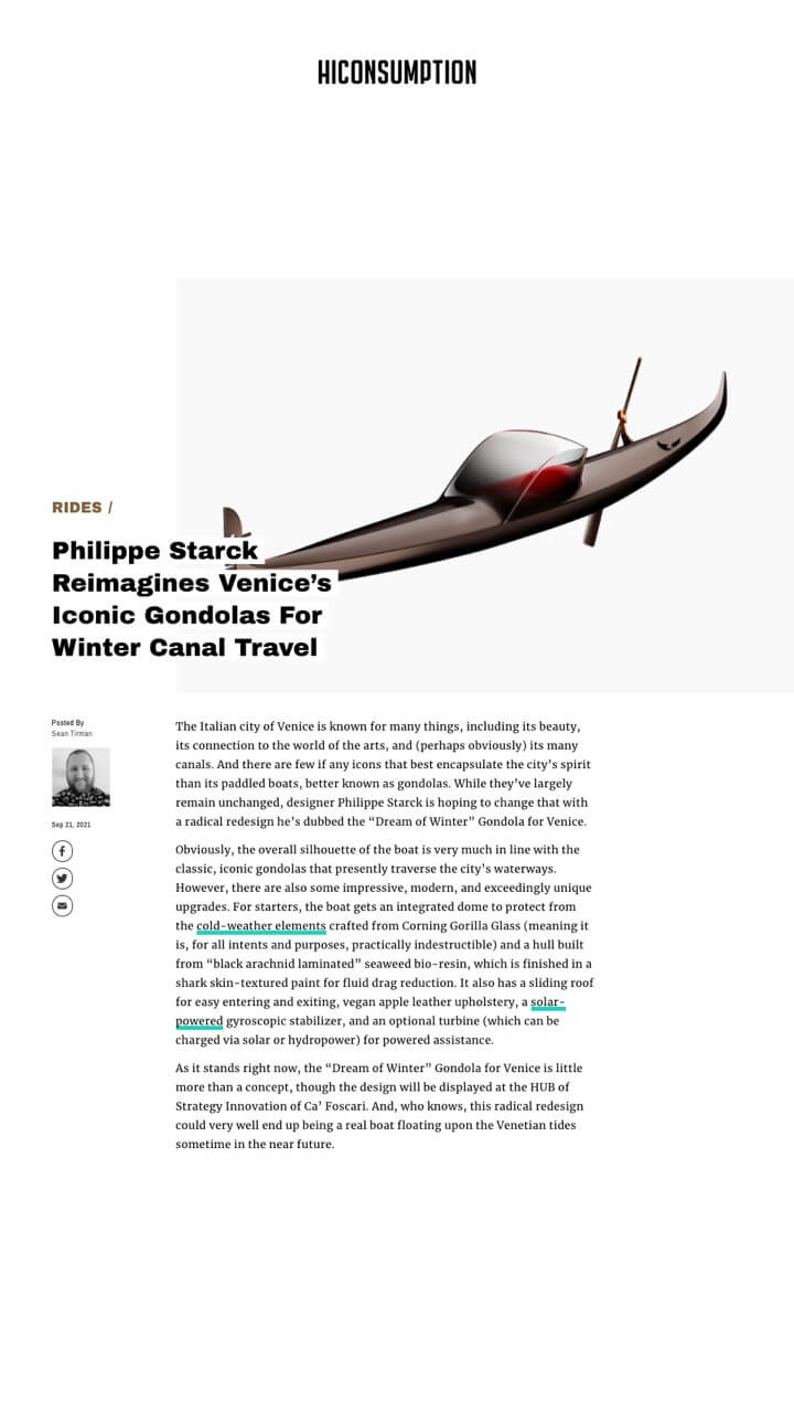 Philippe Starck réimagine les gondoles emblématiques de Venise pour les voyages d'hiver sur les canaux.