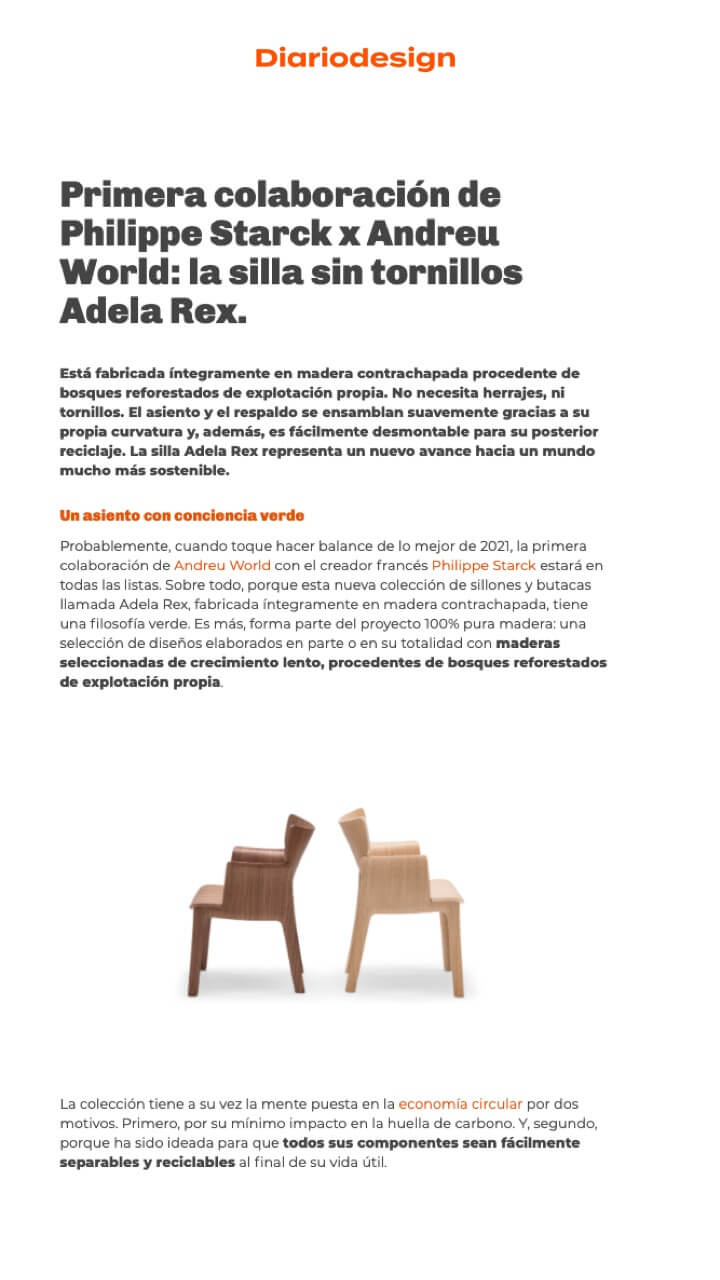 Première collaboration Philippe Starck x Andreu World : la chaise sans vis Adela Rex.