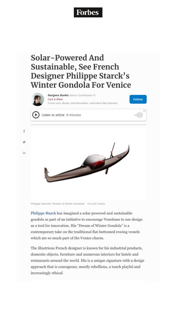 La gondole d'hiver du designer français Philippe Starck, alimentée par l'énergie solaire et durable, est destinée à Venise.