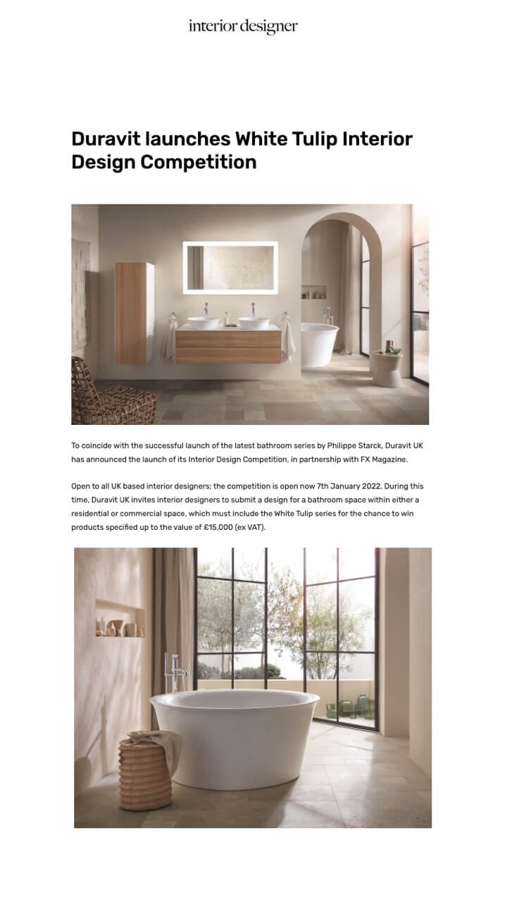 Duravit lance le concours de design d'intérieur White Tulip