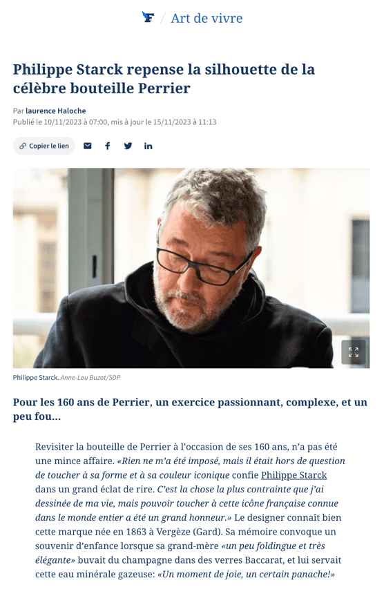 Philippe Starck repense la silhouette de la célèbre bouteille Perrier