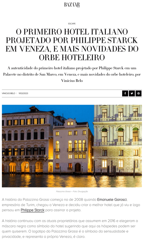 Le premier hôtel italien conçu par Philippe Starck à Venise, et d'autres nouvelles du monde de l'hôtellerie