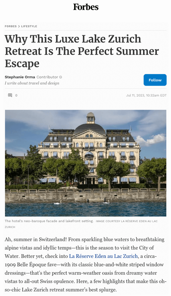 Pourquoi cette retraite de luxe au lac de Zurich est l'évasion estivale parfaite