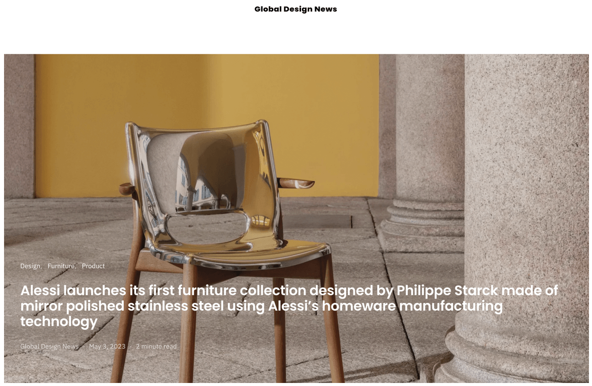 Alessi lance sa première collection de meubles conçus par Philippe Starck en acier inoxydable poli miroir grâce à la technologie de fabrication d'articles ménagers d'Alessi.
