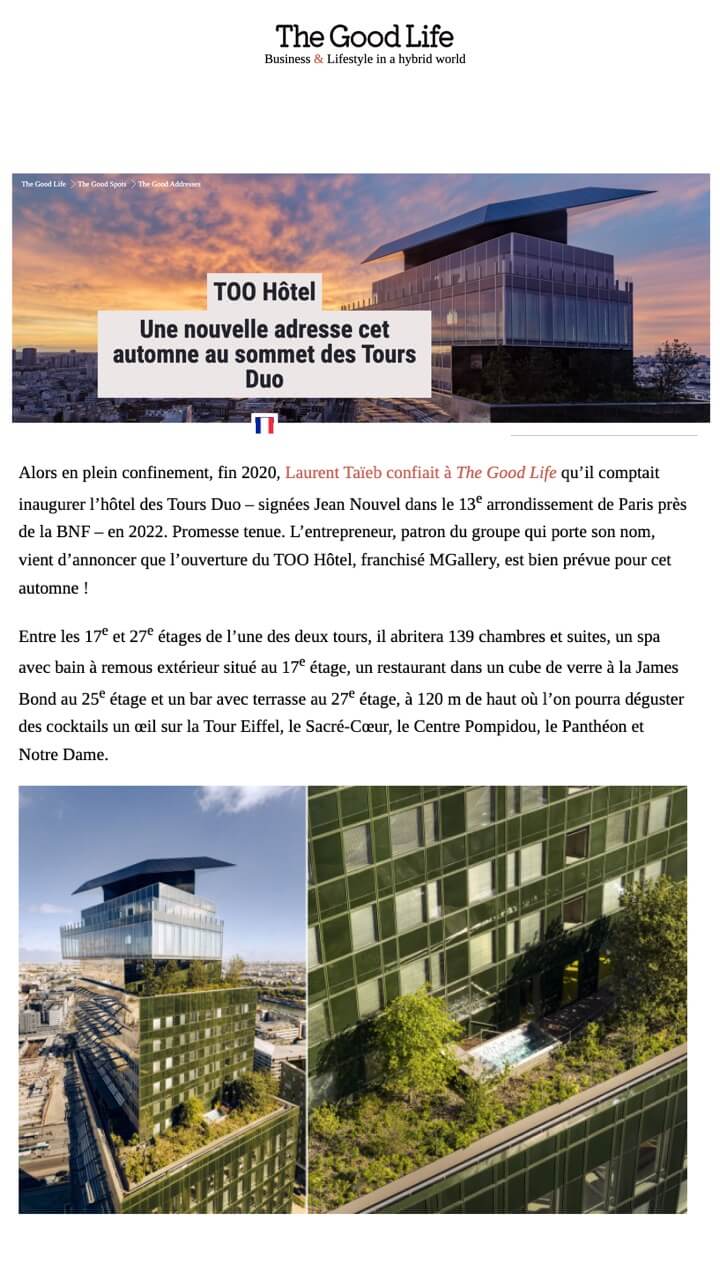 TOO Hôtel Une nouvelle adresse cet automne au sommet des Tours Duo