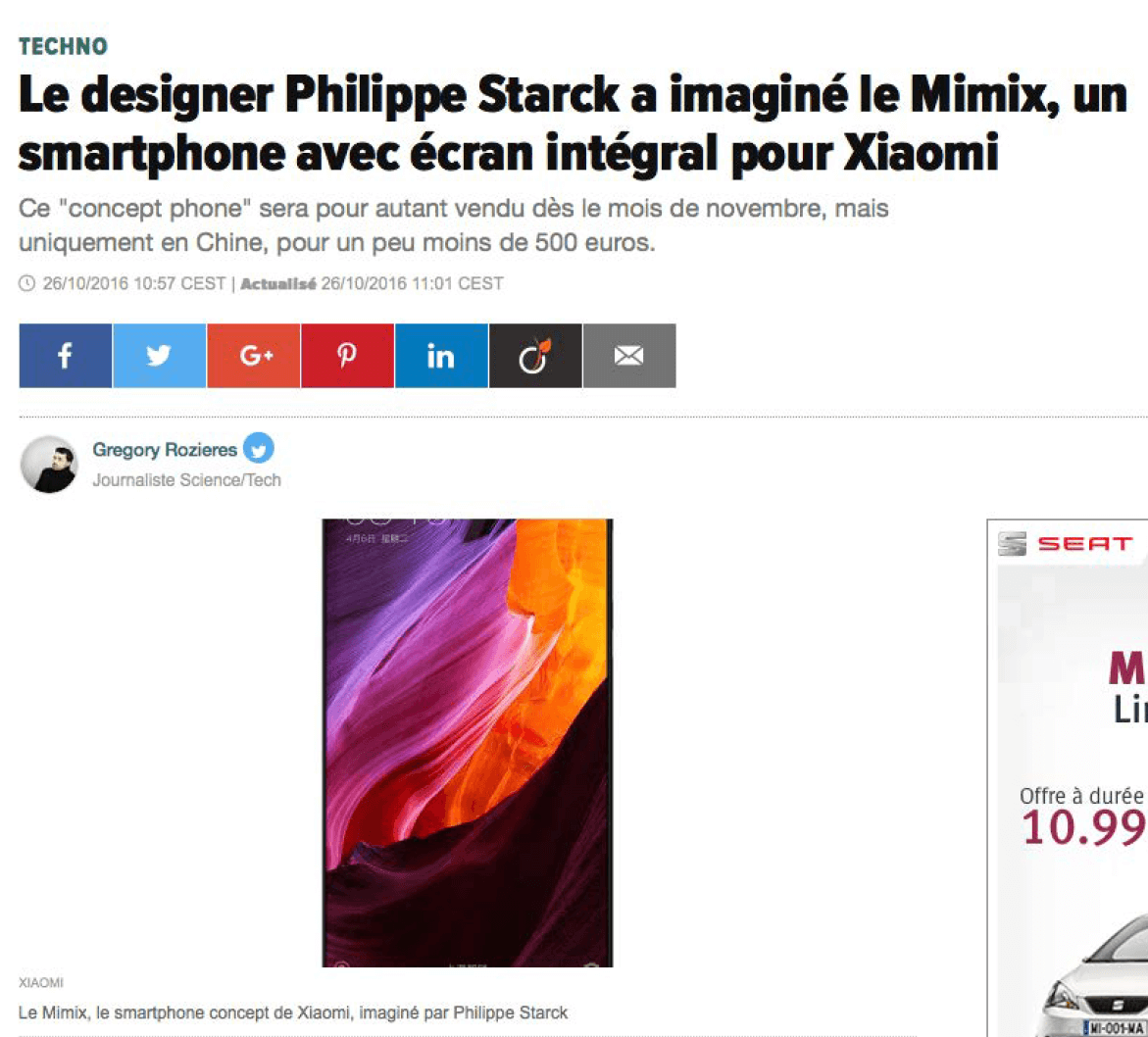 Le designer Philippe Starck a imaginé le Mi Mix, un smartphone avec écran intégral pour Xiaomi