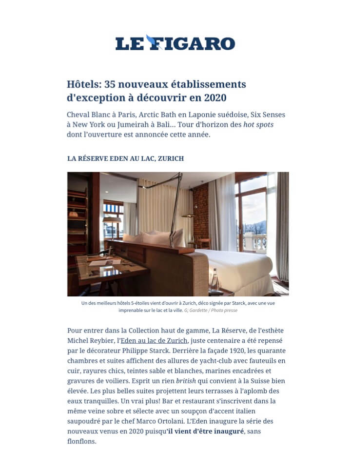 LE FIGARO - La Réserve Eden au Lac Zurich