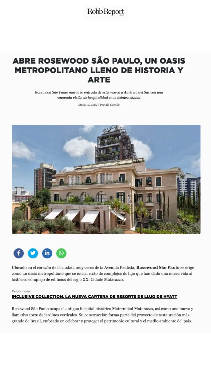 Ouverture du Rosewood São Paulo, une oasis métropolitaine d'histoire et d'art 