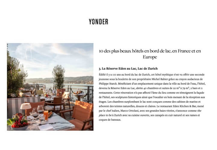 YONDER - La Réserve Eden au Lac Zurich