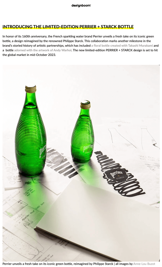 perrier celebre son 160eme anniversaire avec une bouteille en edition limitee par philippe starck